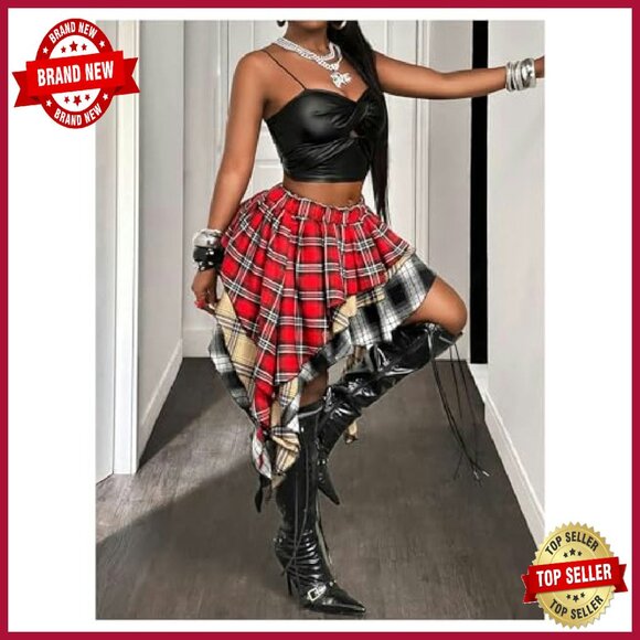Y2K Streetwear Plaid Ruffle Mini Skirt A-Line Tiered Elastic Waist - Picture 3 of 6